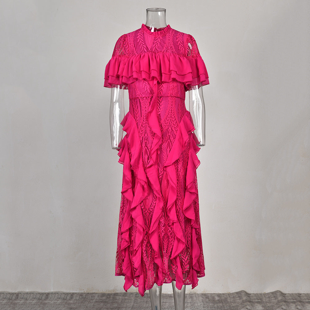 Frilled Short Sleeve Lace-Trim Lotus Dress