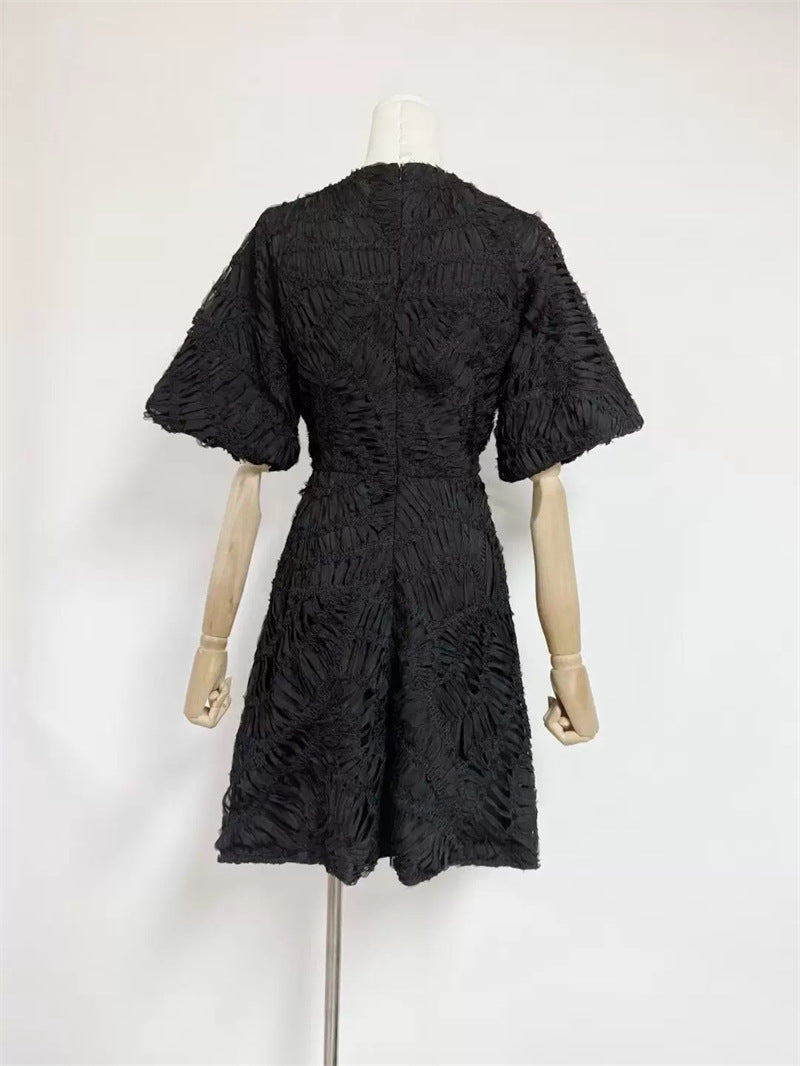 Textured Short Puff Sleeve A-Line Dress