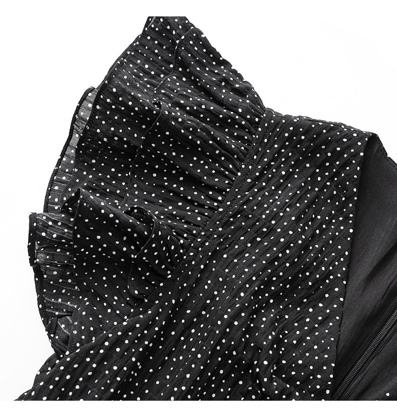 Romantic Polka Dot Midi Dress with Ruffle Sleeves and Necklace Detail