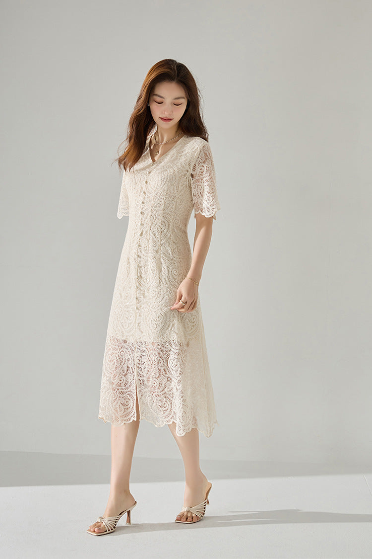90% Cotton Blend in Soft Ecru Elegant Lace Midi Dress