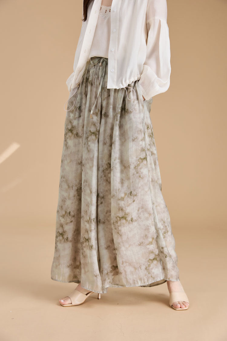Elegant Ink Print Wide-Leg Tencel Pants