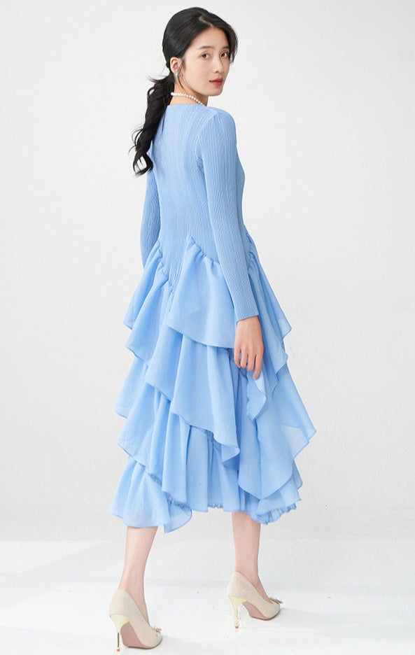 Spring Breeze Ruffled Midi Dress – Long Sleeve, One Size