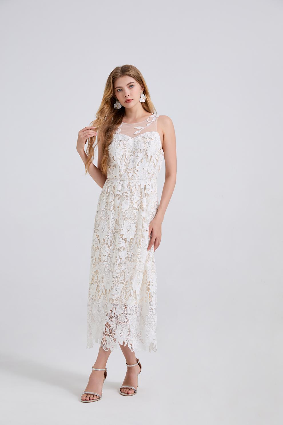 Goddess-Style White Lace Maxi Dress