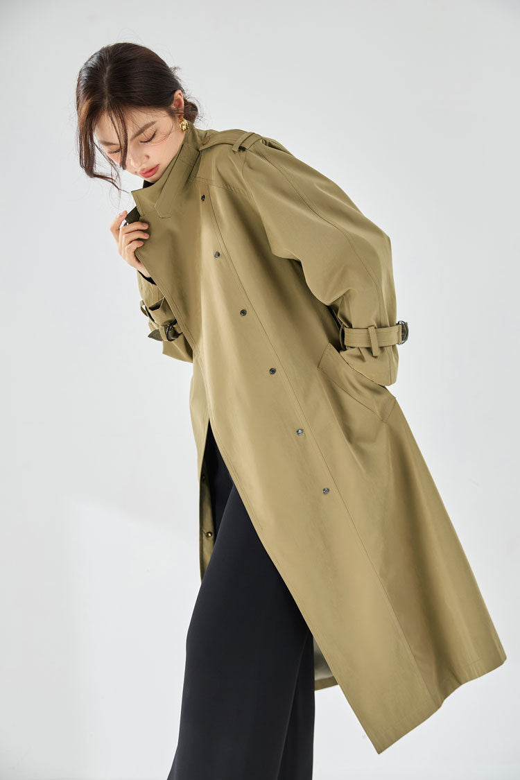 Velvet-Textured Stand Collar Mid-Length Trench Coat