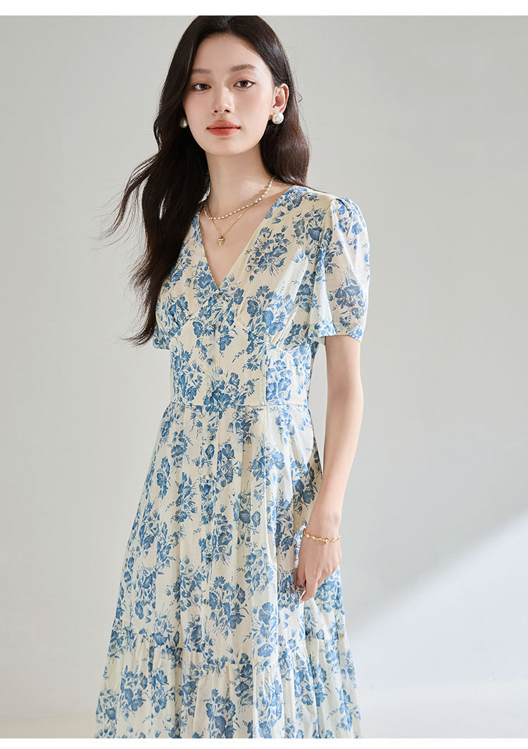French Blue Floral Cotton Dress – Tie Waist, V-Neck