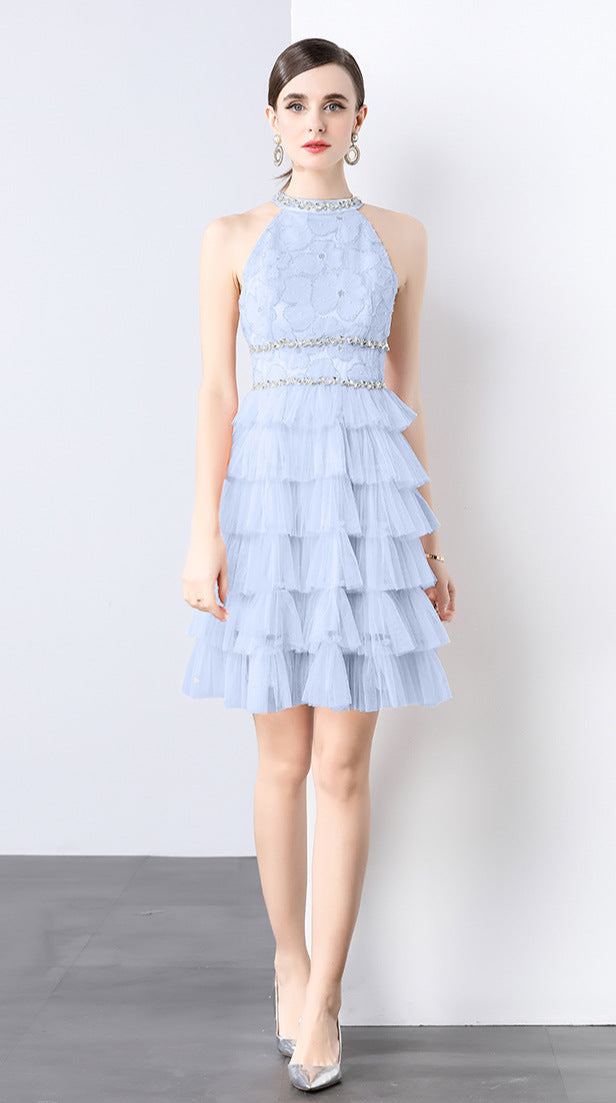 Crystal Chain Halter Neck Layered Tulle Dress