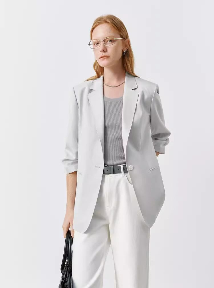 Pearl Grey Buttoned Cropped Jacket with Three-Quarter Sleeves