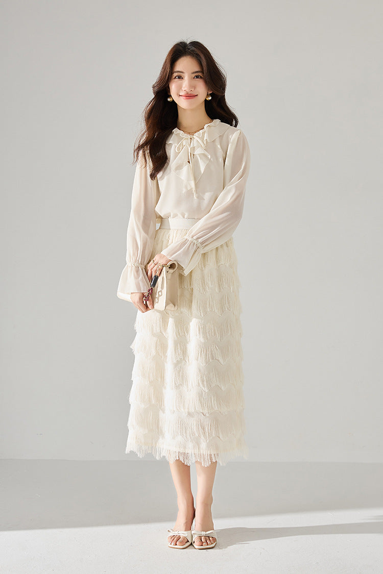Tassel Layered Ecru Midi Skirt