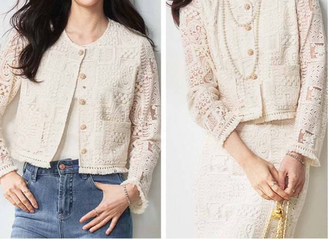 Luxury Beige Two-Piece Set with Fringe & Hollow Floral Details