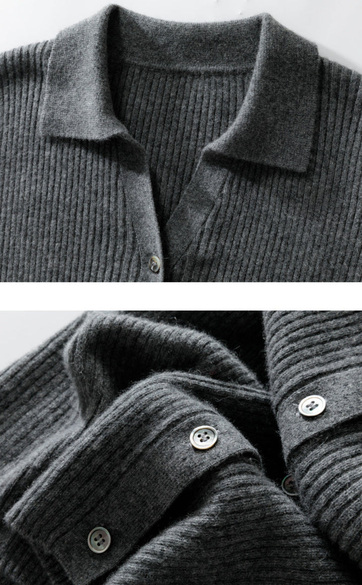 100% Pure Cashmere Polo Collar Cardigan – Long Sleeve, Classic Fit, Ultra-Soft