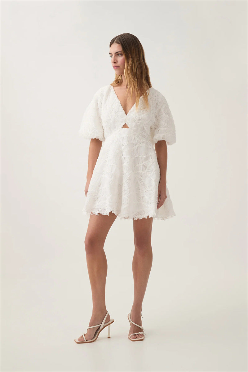 Textured Short Puff Sleeve A-Line Dress