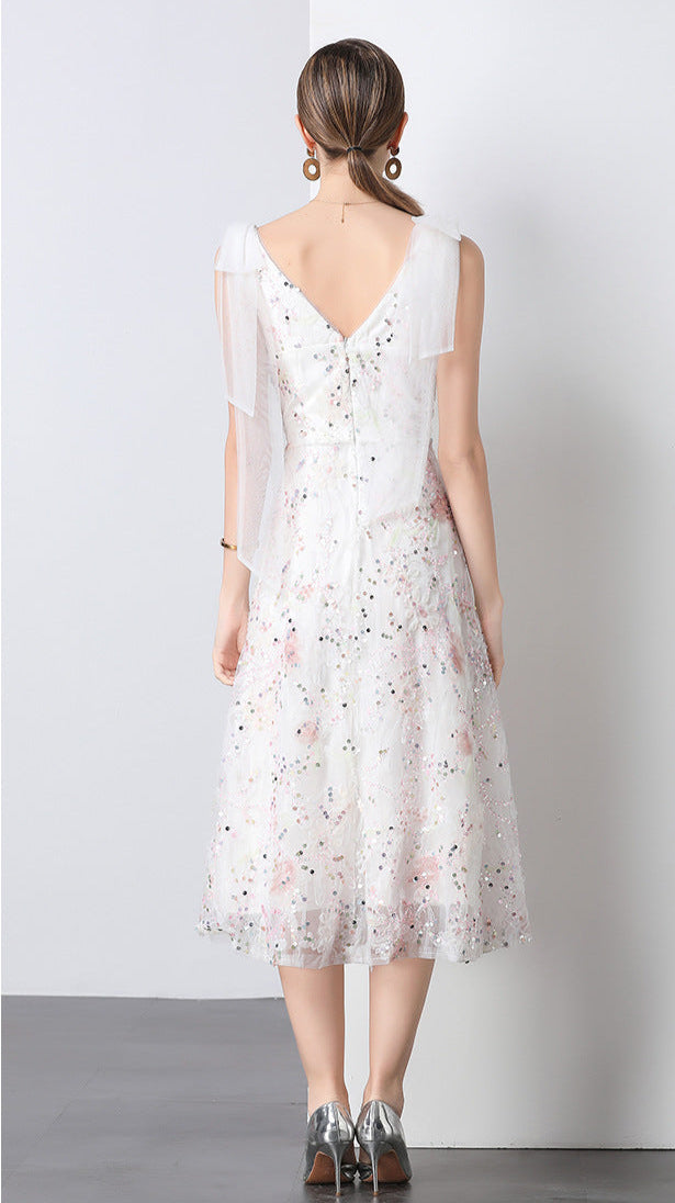 Crystal Sequin Embroidered V-Neck Midi Dress