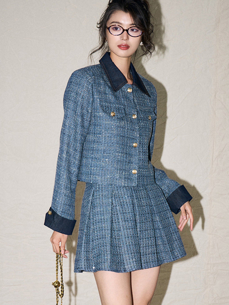 French Retro Pleated Blazer and Skirt Set – Chanel-Inspired Denim Elegance