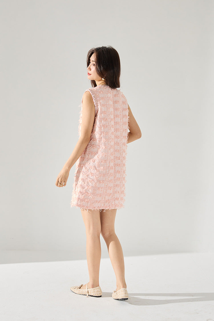 Pink Sleeveless Fringe Mini Dress – French-Inspired Spring Charm