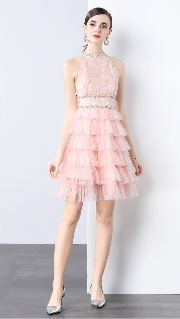 Crystal Chain Halter Neck Layered Tulle Dress
