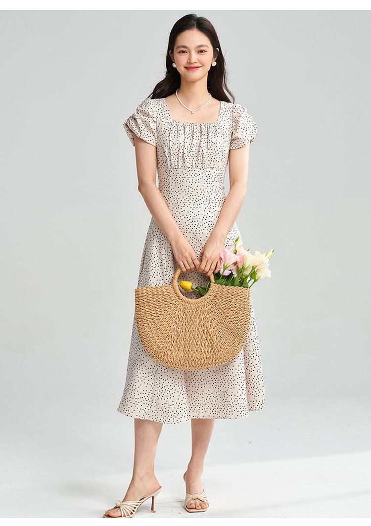 Apricot Polka Dot Puff Sleeve Midi Dress