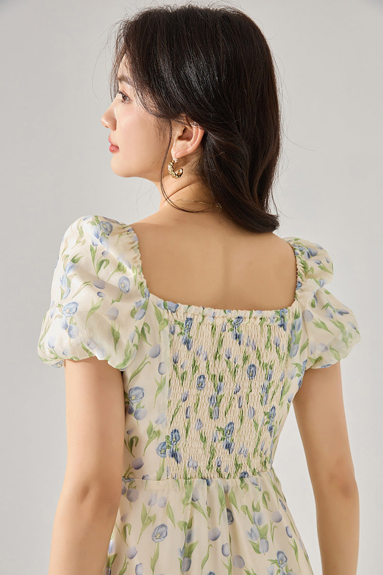 Fitted Waist Polka Dot Puff Sleeve Summer Dress