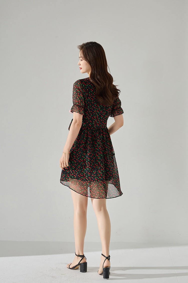 Fruit Print V-Neck Midi Dress