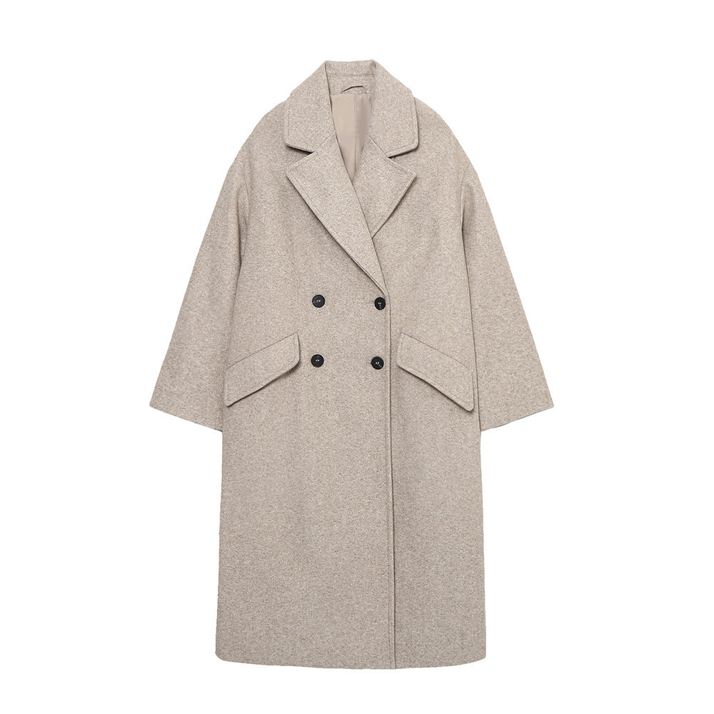 Double-Breasted Cotton Blend Long Coat – Relaxed Fit, Lightweight Warmth