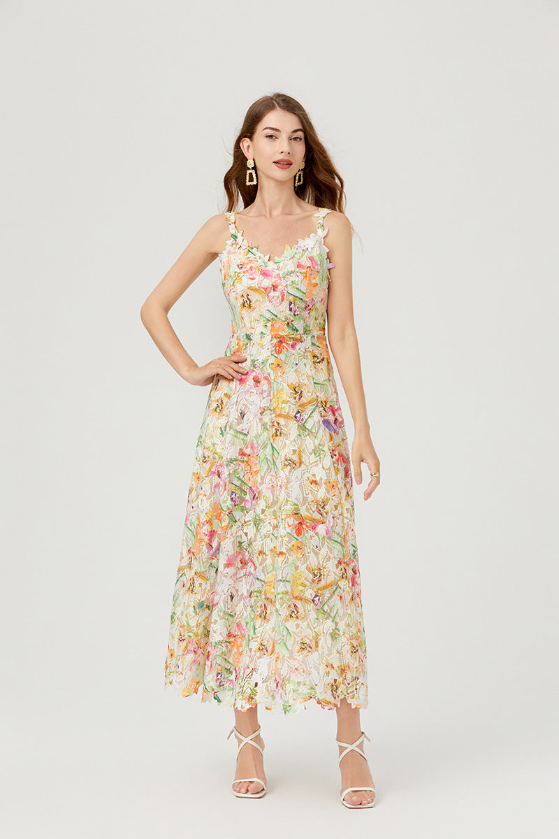 French Style Floral Lace Midi Dress