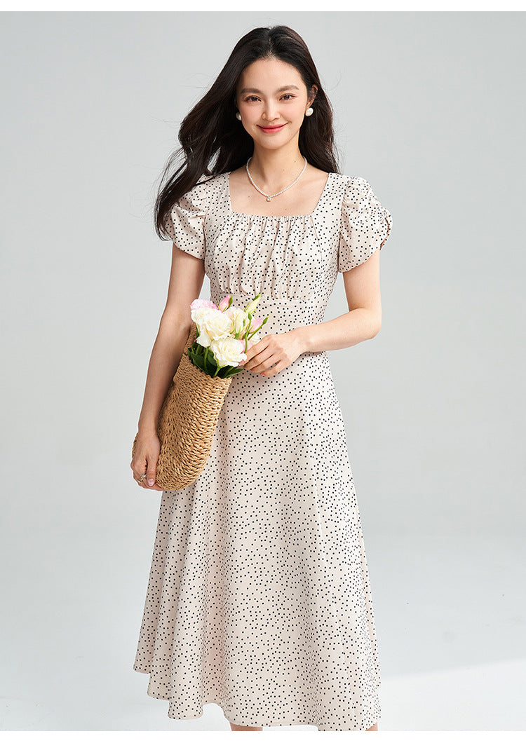 Apricot Polka Dot Puff Sleeve Midi Dress