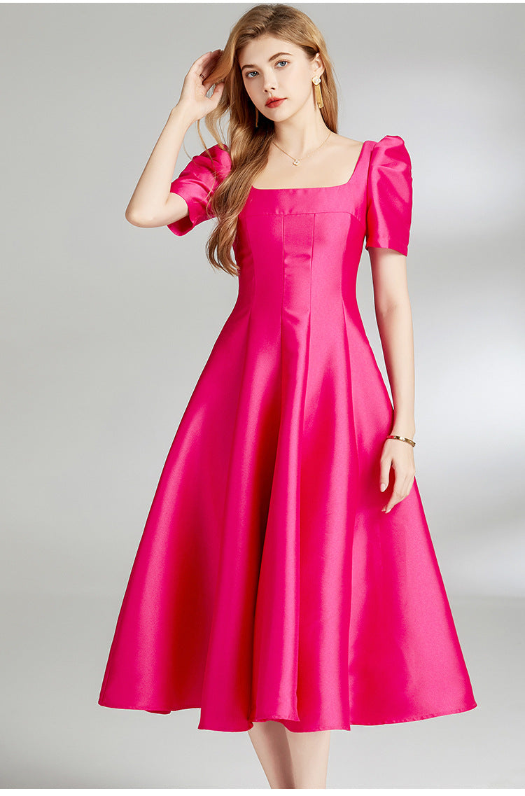 Elegant Hepburn Square-Neck Midi Dress