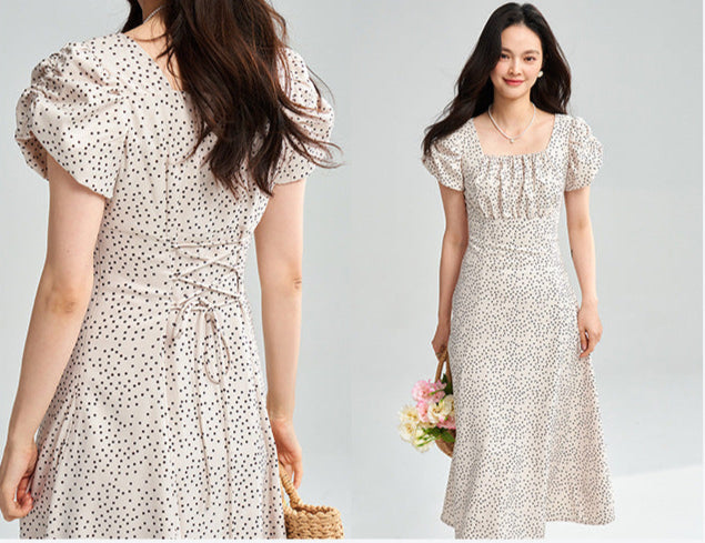 Apricot Polka Dot Puff Sleeve Midi Dress