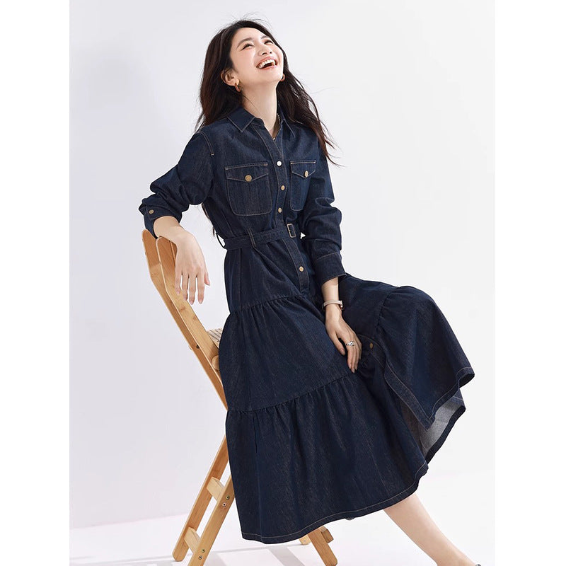 High-Waisted Tiered Midi Denim Dress – Button-Up Shirt Style with Layered Skirt