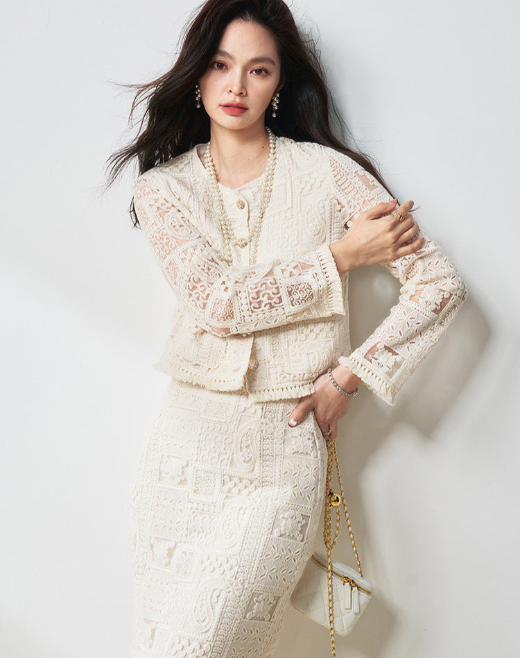 Luxury Beige Two-Piece Set with Fringe & Hollow Floral Details