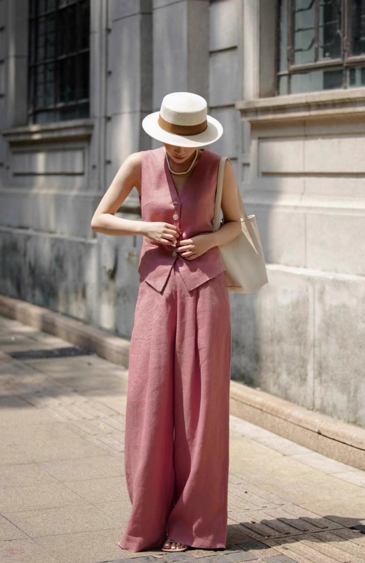 Pink Linen Vest & Wide-Leg Trousers Set – Elegant, Breezy, Timeless