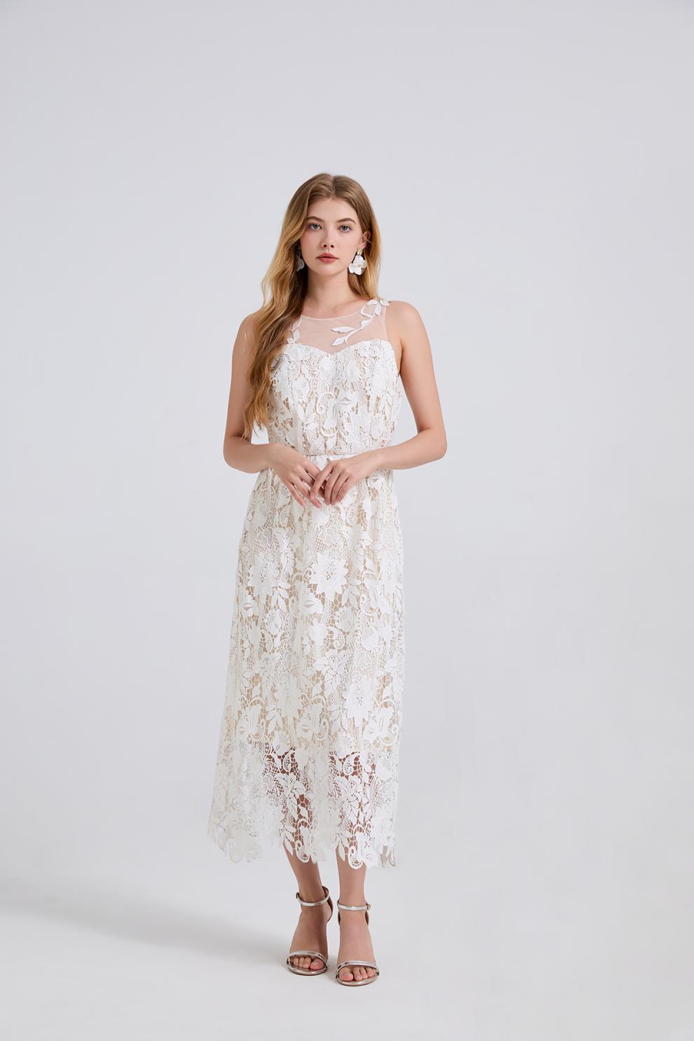 Goddess-Style White Lace Maxi Dress