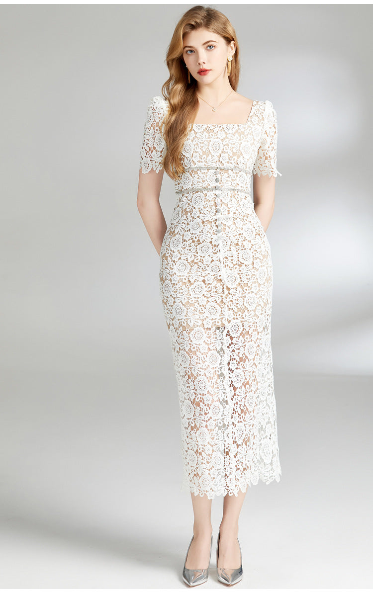 Square Neck Floral Lace Midi Dress