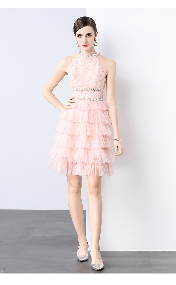 Crystal Chain Halter Neck Layered Tulle Dress