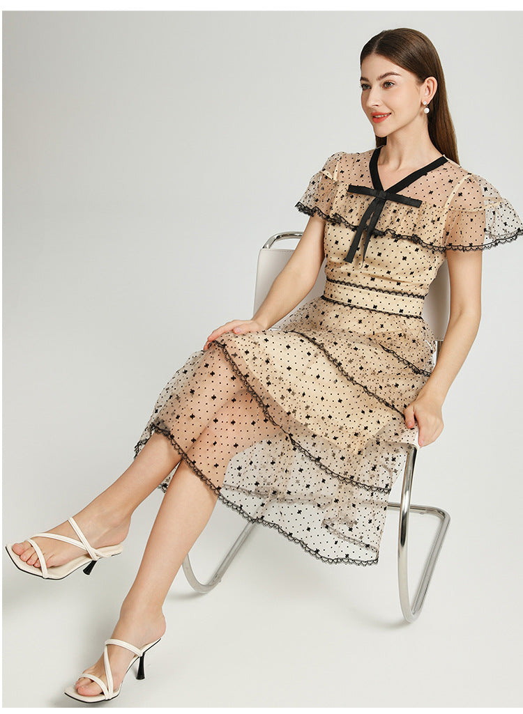 Retro Polka Dot Tiered Tulle Dress – Apricot Elegance