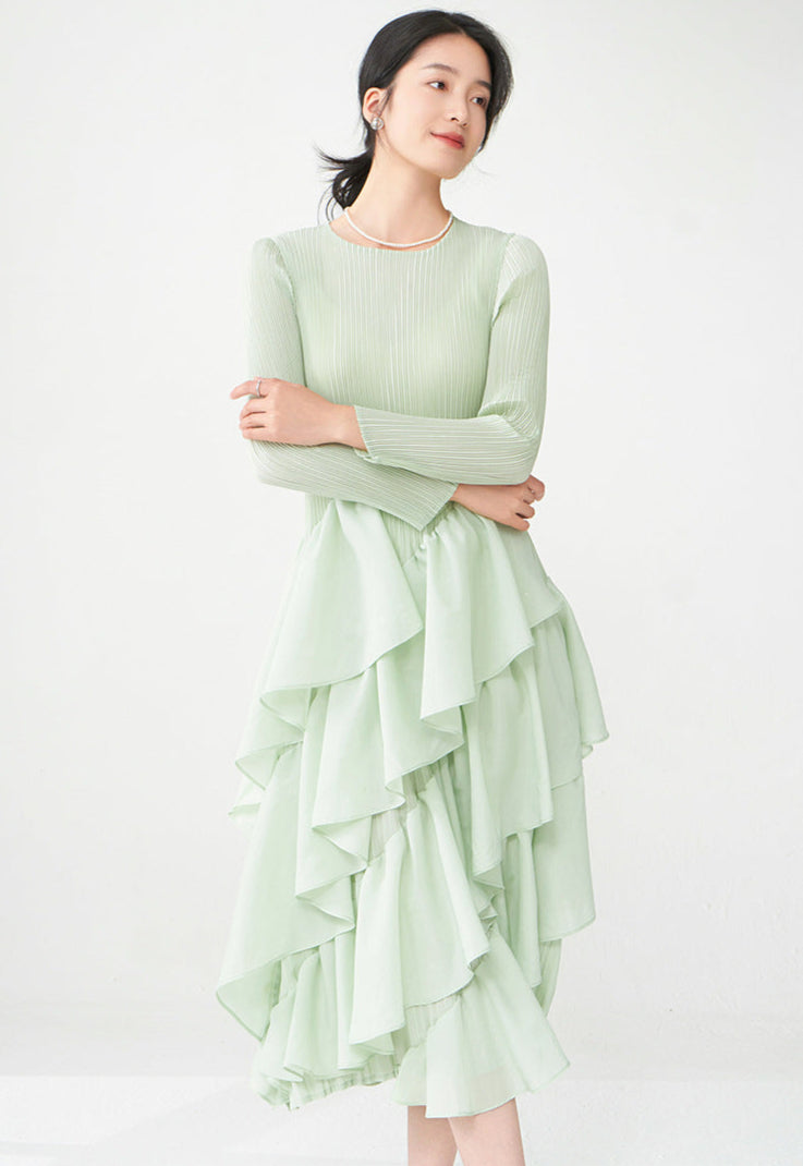 Spring Breeze Ruffled Midi Dress – Long Sleeve, One Size