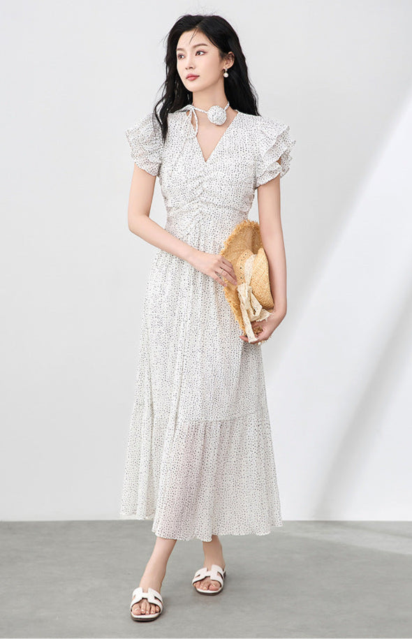 Romantic Polka Dot Midi Dress with Ruffle Sleeves and Necklace Detail