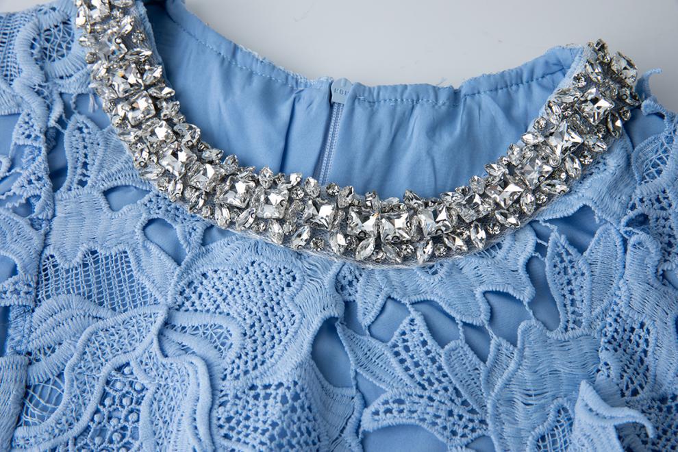 Blue Lace Mini Dress with Pearl Details