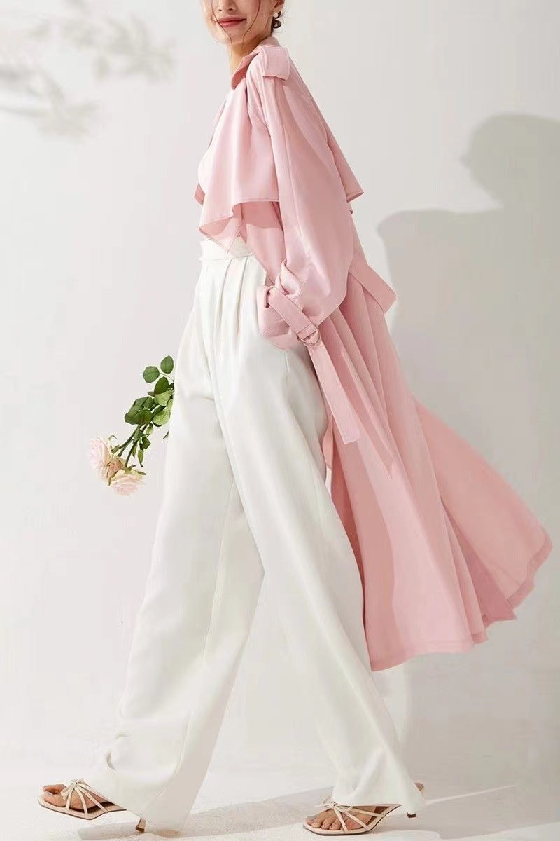 Pastel Blush Flowing Belted Trench Coat