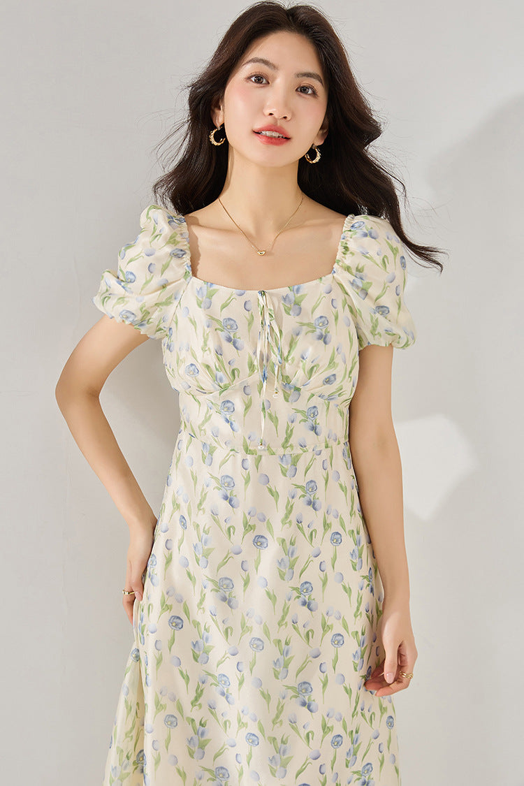 Fitted Waist Polka Dot Puff Sleeve Summer Dress