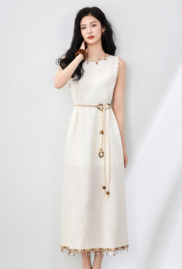Boho Linen-Tencel Dress with Shell Detail and Removable Buckle Necklace