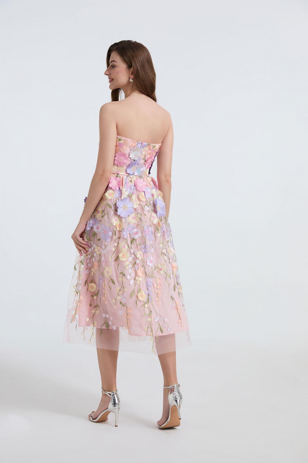 Strapless 3D Floral Embroidered Long Dress