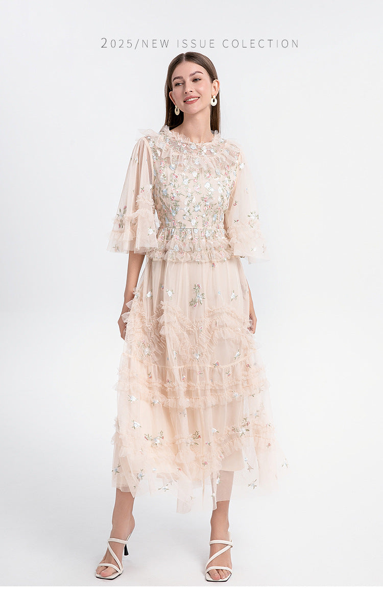 Ruffled Long Dress with Sheer Tulle Hem