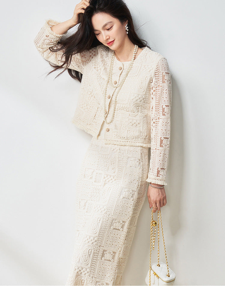 Luxury Beige Two-Piece Set with Fringe & Hollow Floral Details
