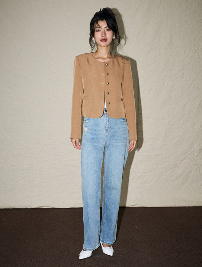 Classic Round Neck Short Wool Blend Jacket