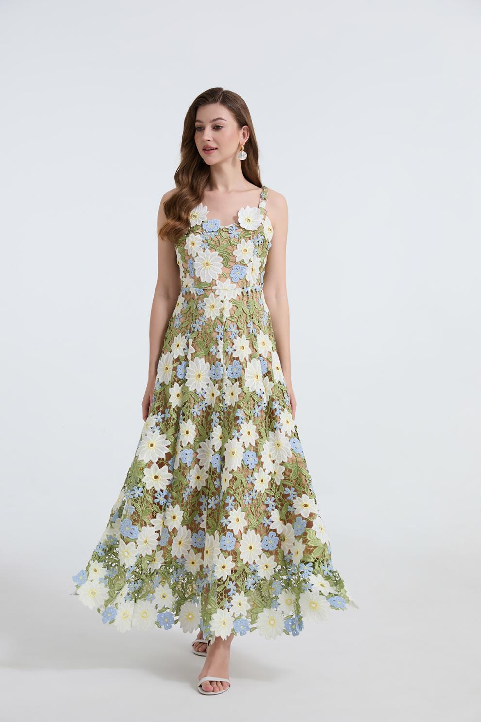 Embroidered One-Shoulder Green Maxi Dress