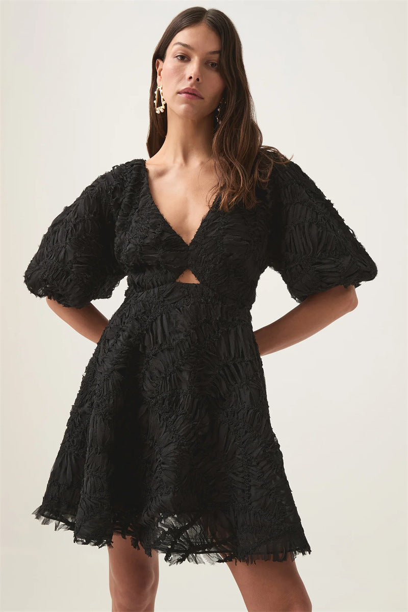 Textured Short Puff Sleeve A-Line Dress