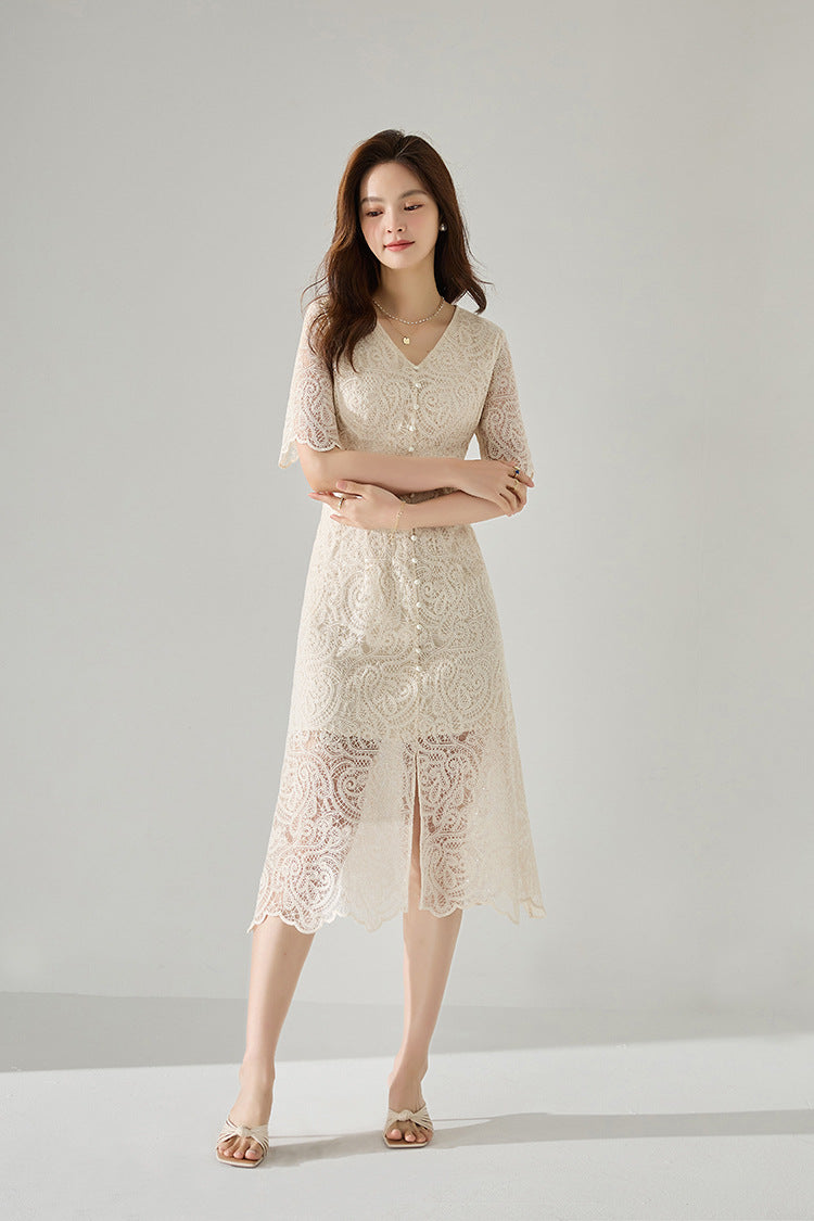 90% Cotton Blend in Soft Ecru Elegant Lace Midi Dress