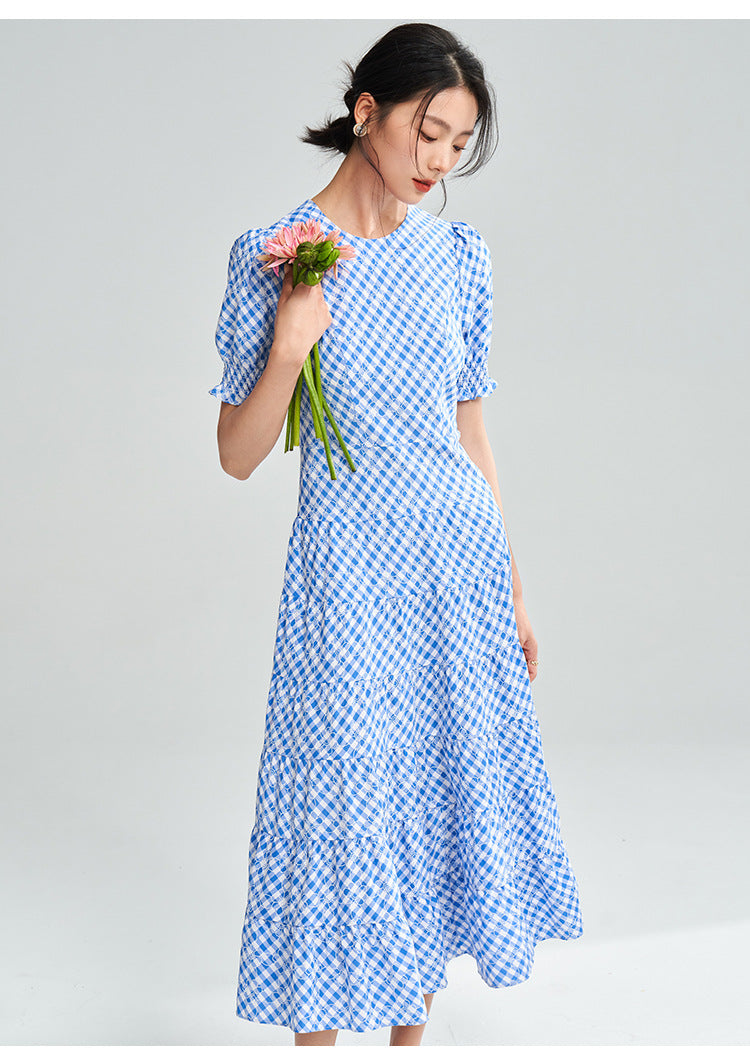 Blue-White Plaid Midi Dress