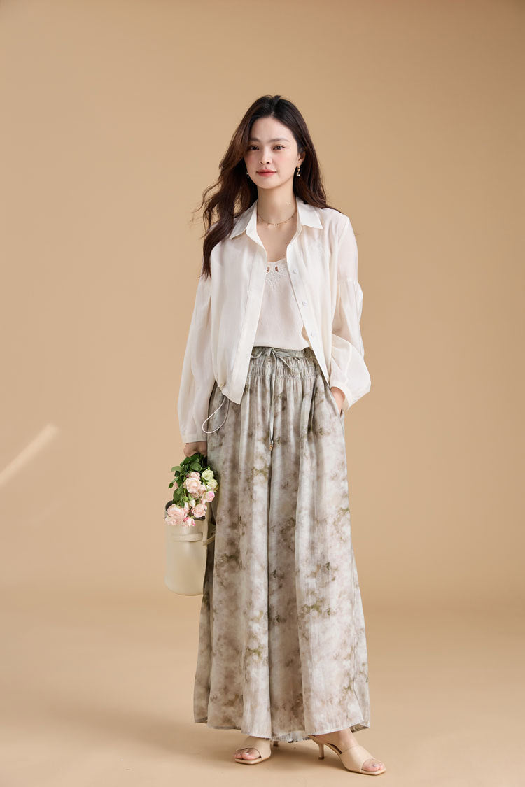 Elegant Ink Print Wide-Leg Tencel Pants