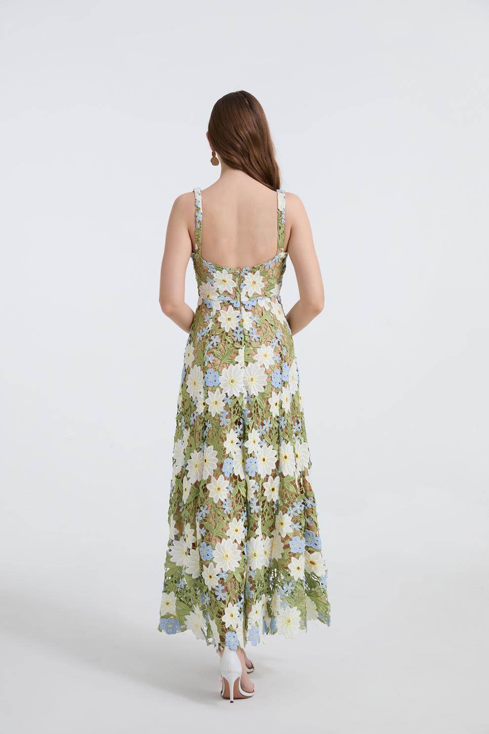 Embroidered One-Shoulder Green Maxi Dress
